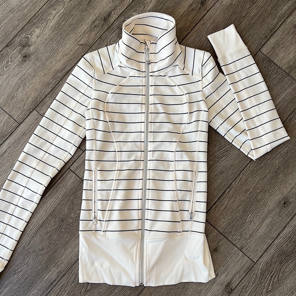 Lululemon define jacket.  Offwhite - dark gray/almost black stripes. Size 2